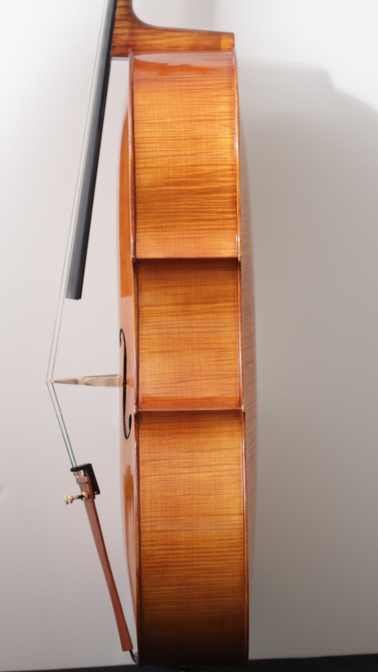 A cello is sitting on a table with a white background