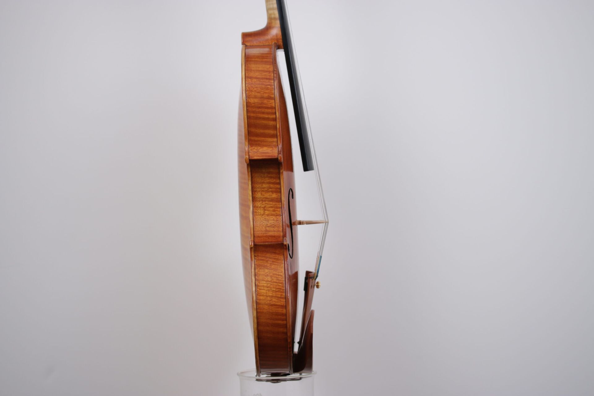 A violin is hanging on a white wall.
