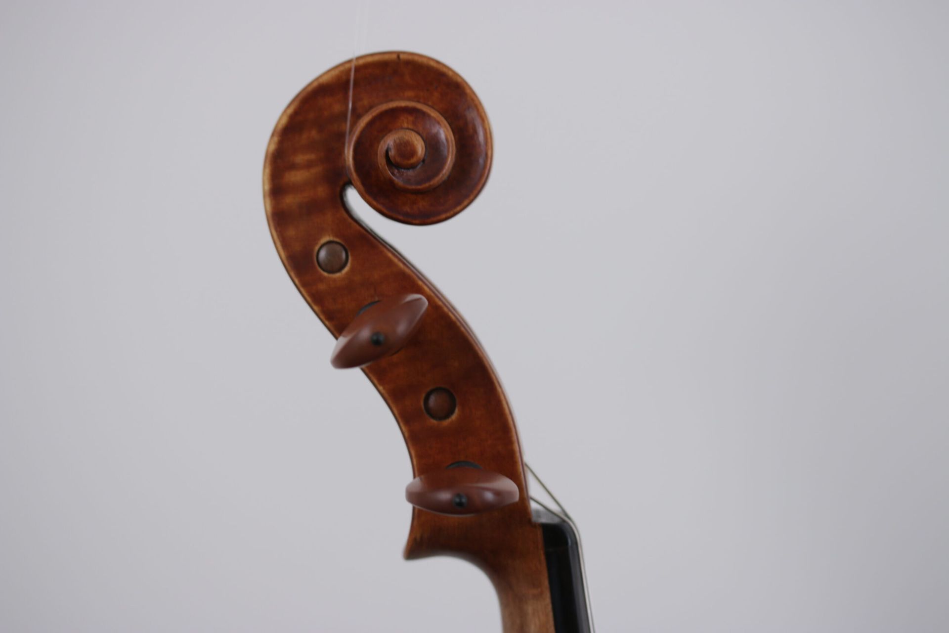 A close up of the headstock of a violin