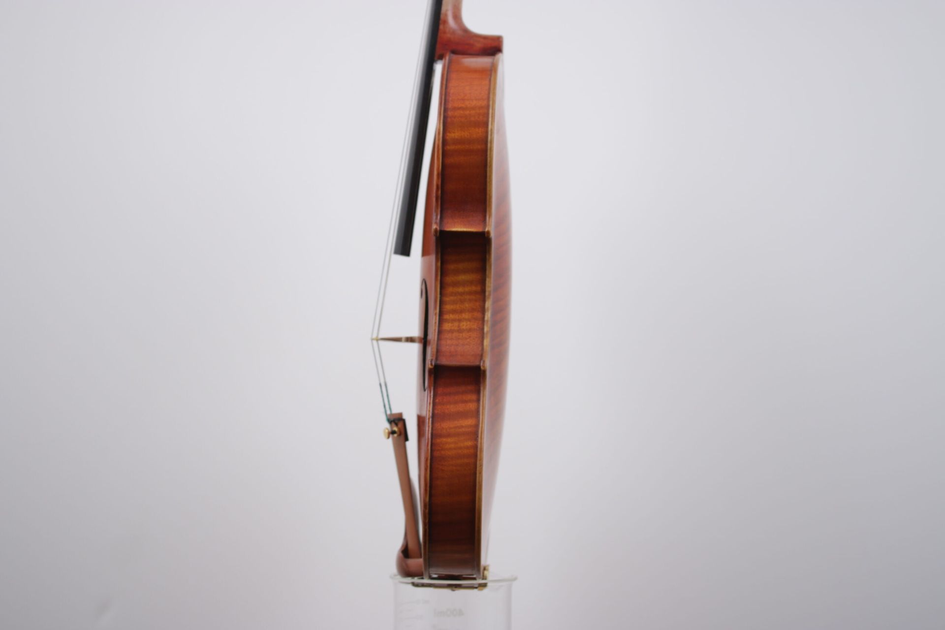 A violin is sitting on a glass on a white background.