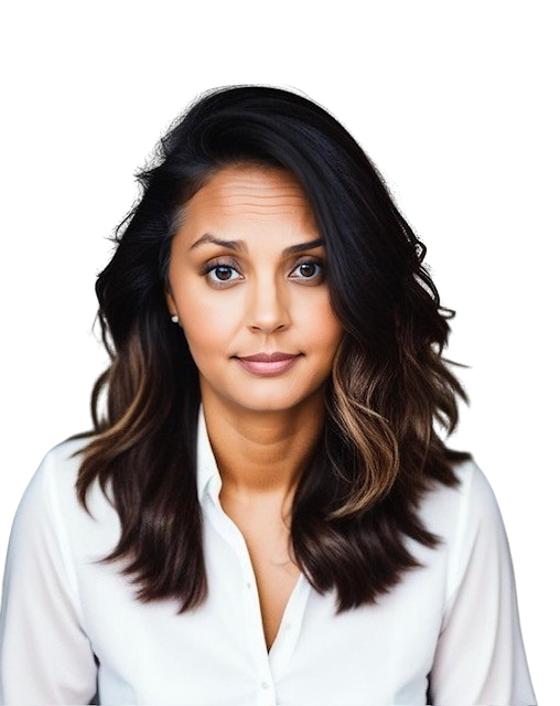 A woman with long dark hair is wearing a white shirt