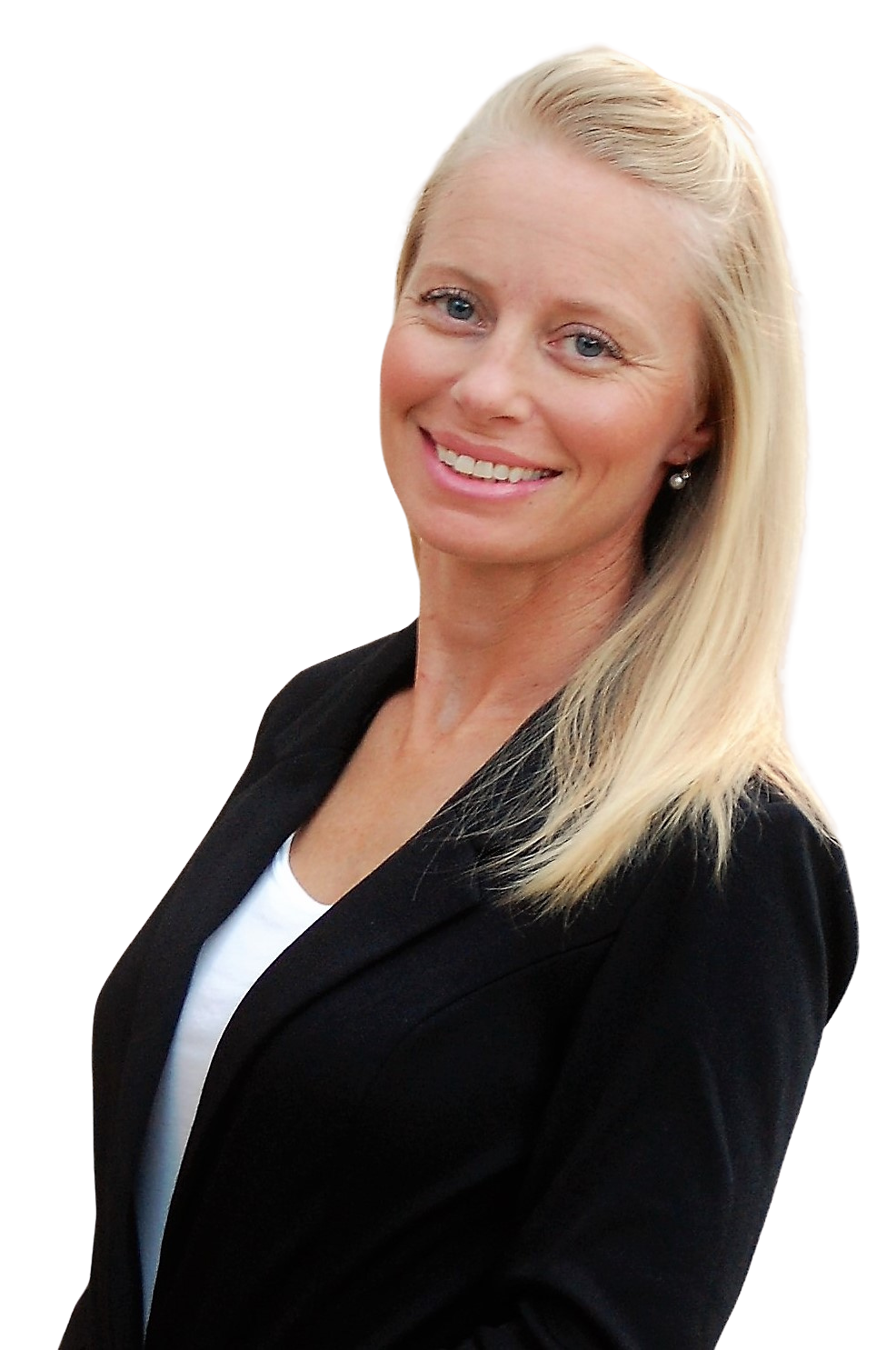 A woman in a black jacket and white shirt is smiling