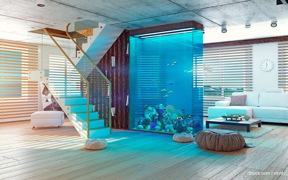 There is a large aquarium in the middle of the living room.