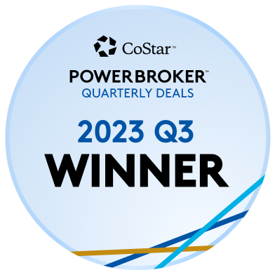 CoStar Power Broker Quarterly Deals 2023 Q3 Winner badge, featuring text and blue/gold lines on a light blue circle.