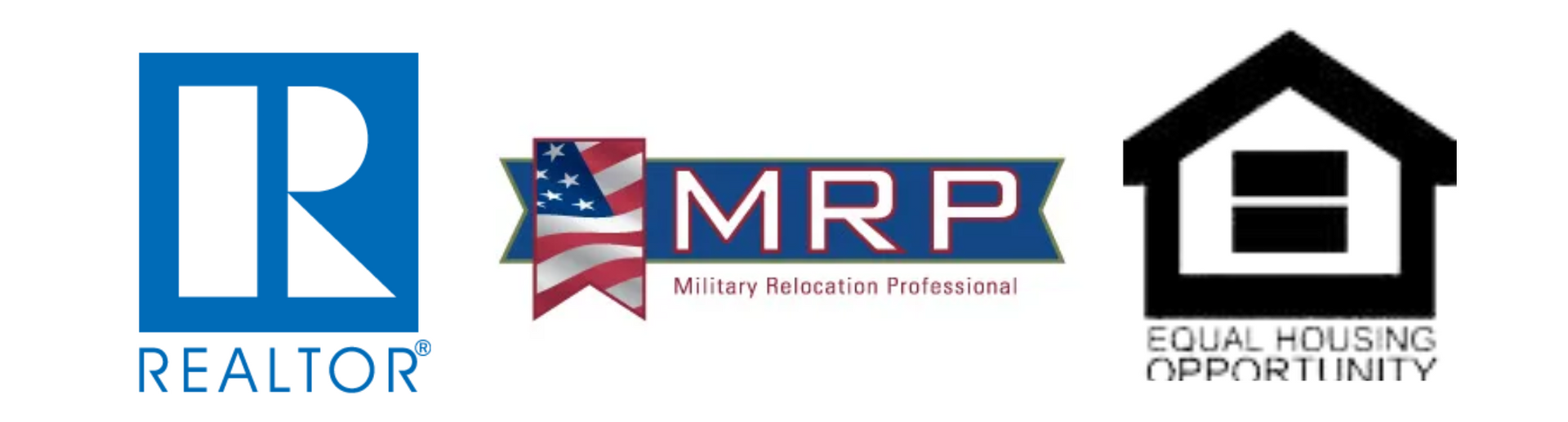 Logos for Realtor, Military Relocation Professional, and Equal Housing Opportunity.