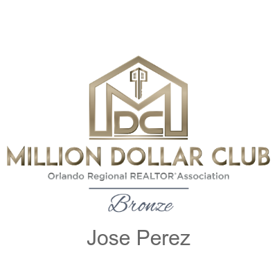 Logo for Orlando Regional Realtor Association's Million Dollar Club. Bronze level achievement with Jose Perez's name below.