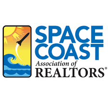Logo of the Space Coast Association of Realtors, featuring a rocket launching over ocean waves and a sun.