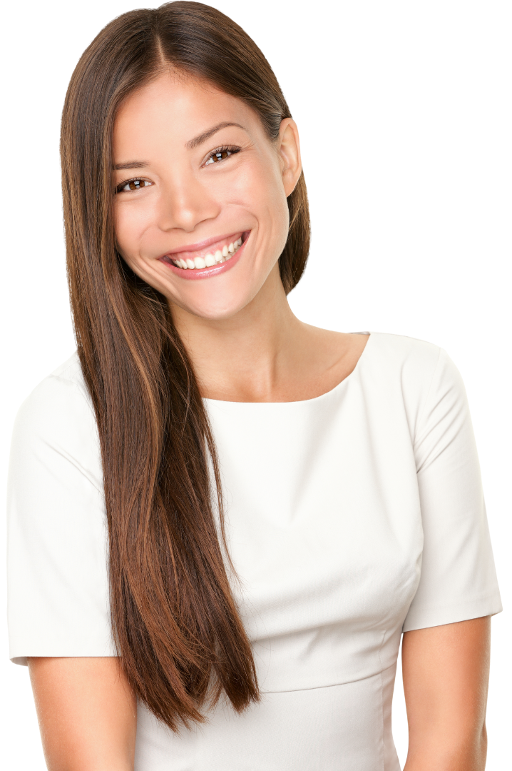 Smiling Asian woman with long, straight brown hair, wearing a white dress against a white background.