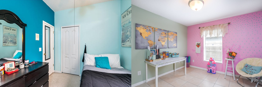 A bedroom with blue walls and a bedroom with pink walls.