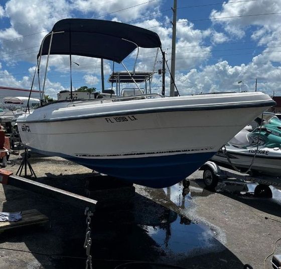 A white boat with a blue hull and florida license plate