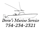Logo for Drew's Marine Service with a boat illustration and phone number.