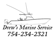 Logo for Drew's Marine Service with a boat illustration and phone number.