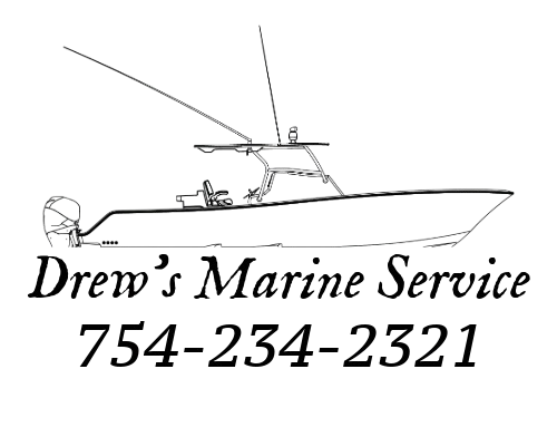 Logo for Drew's Marine Service with a boat illustration and phone number.
