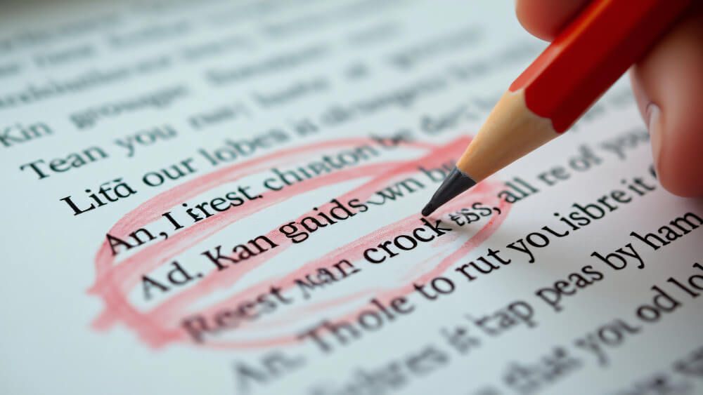 Una mano sostiene un lápiz rojo y rodea con un rotulador rojo una línea de texto en una página.