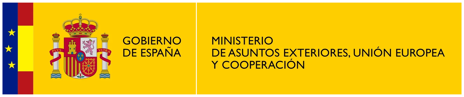 Logotipo del Ministerio de Asuntos Exteriores, Unión Europea y Cooperación de España sobre fondo amarillo.