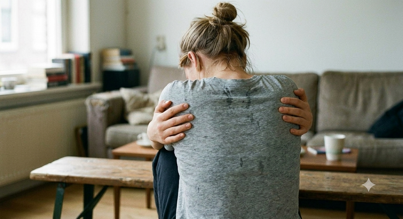 vrouw zit in gebogen houding, terwijl zij zichzelf vasthoudt