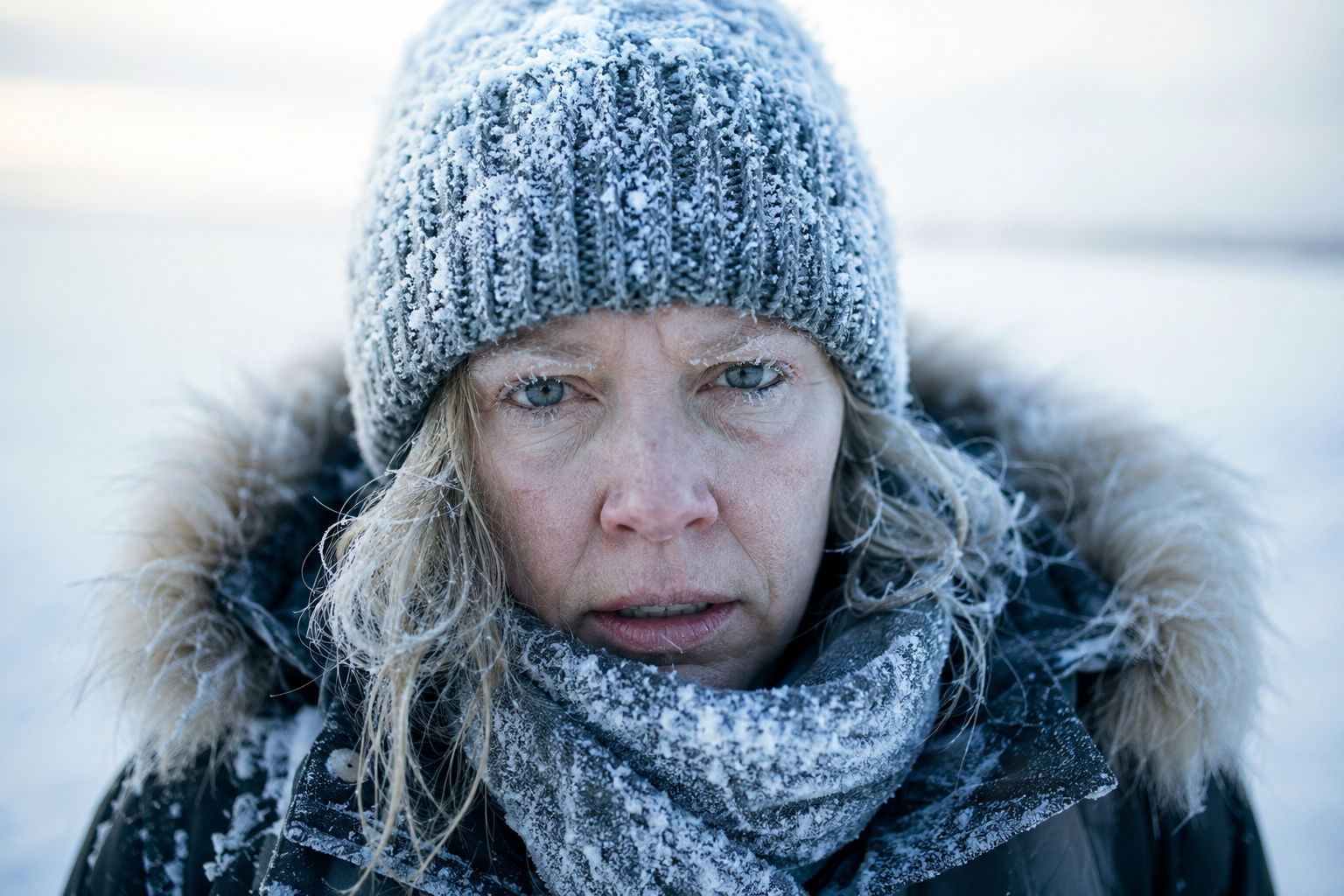 blonde vrouw met bevroren haar en kleding in een sneeuwlandschap