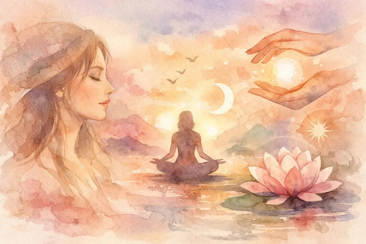 Aquarelillustratie van een vredig persoon die mediteert bij een lotusbloem, met etherische handen die een gloeiend licht erboven vasthouden.
