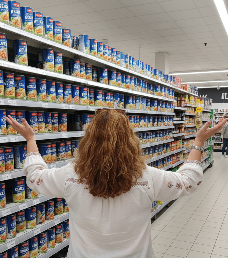 Een persoon staat in een supermarktgang met keuzestress