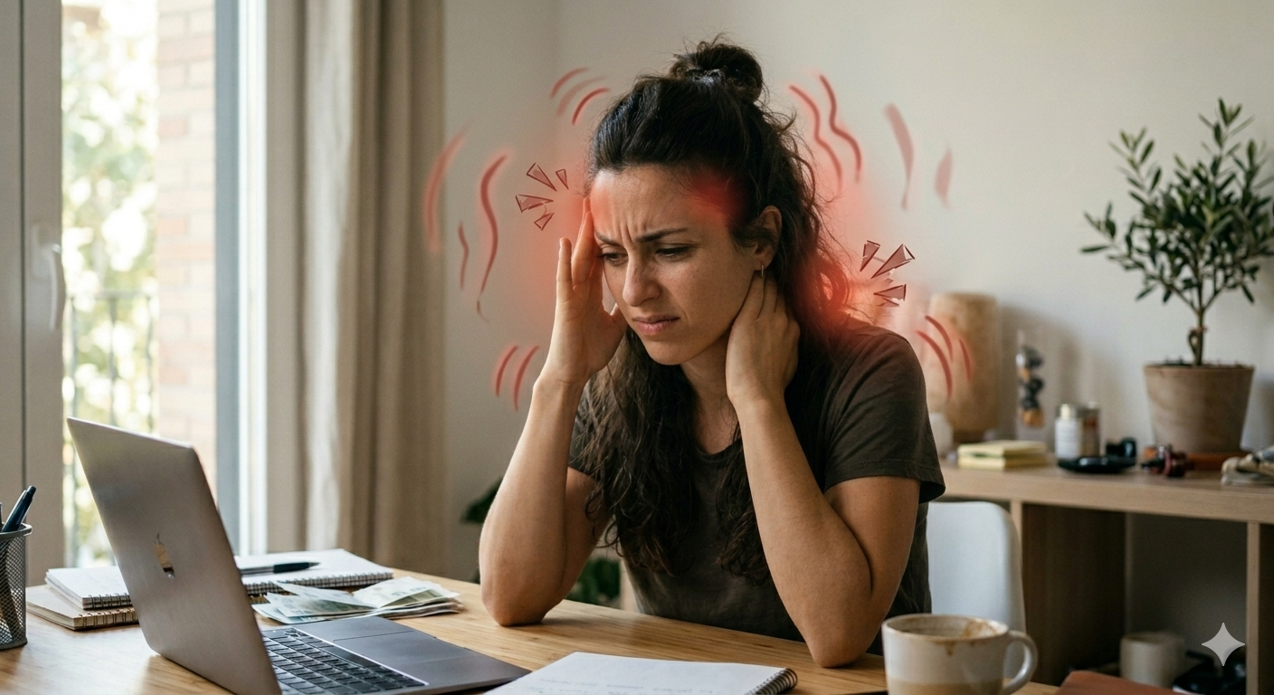 een vrouw die aan een bureau zit voor haar computer met pijn in haar hoofd, nek en schouders.