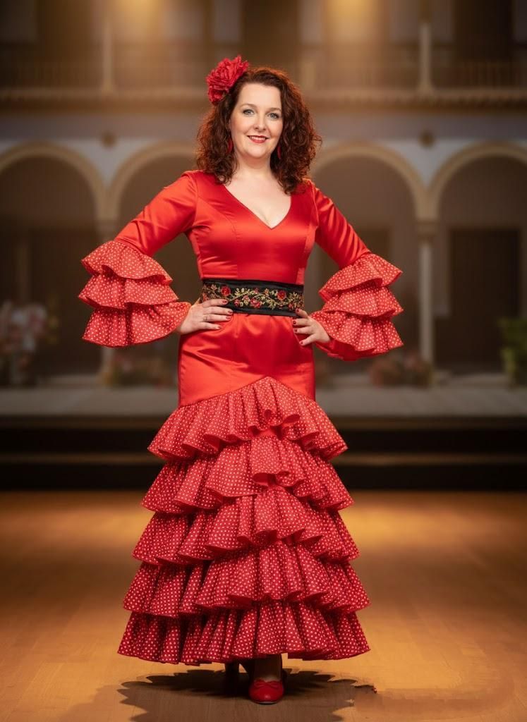 Een persoon in een rode, gelaagde flamencojurk met een bijpassend bloemenhaaraccessoire staat in een theateromgeving.