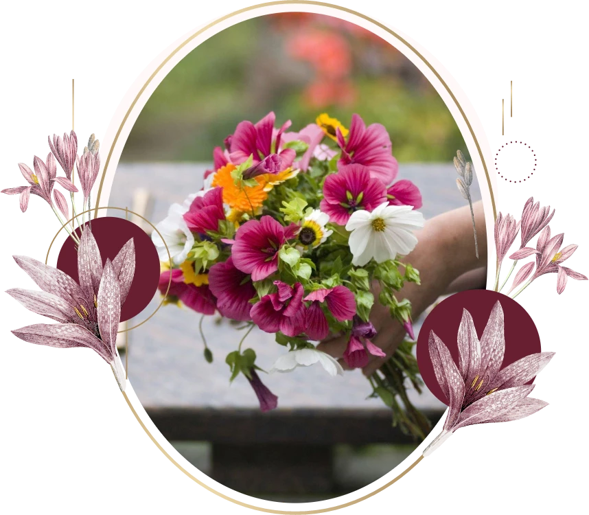 Bouquet of pink, white, and yellow flowers framed by decorative floral graphics
