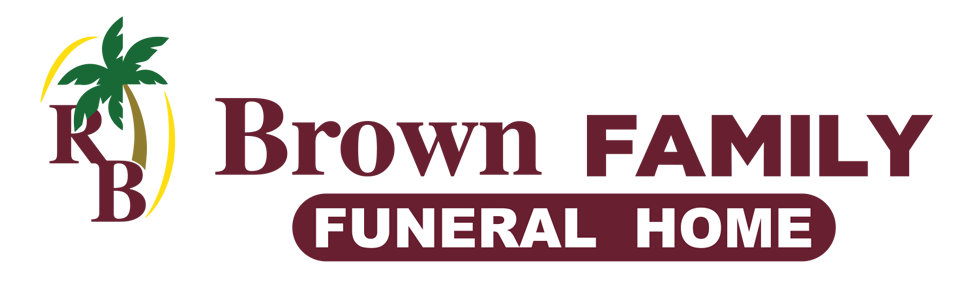 Brown Family Funeral Home logo with palm tree and maroon lettering on a white background