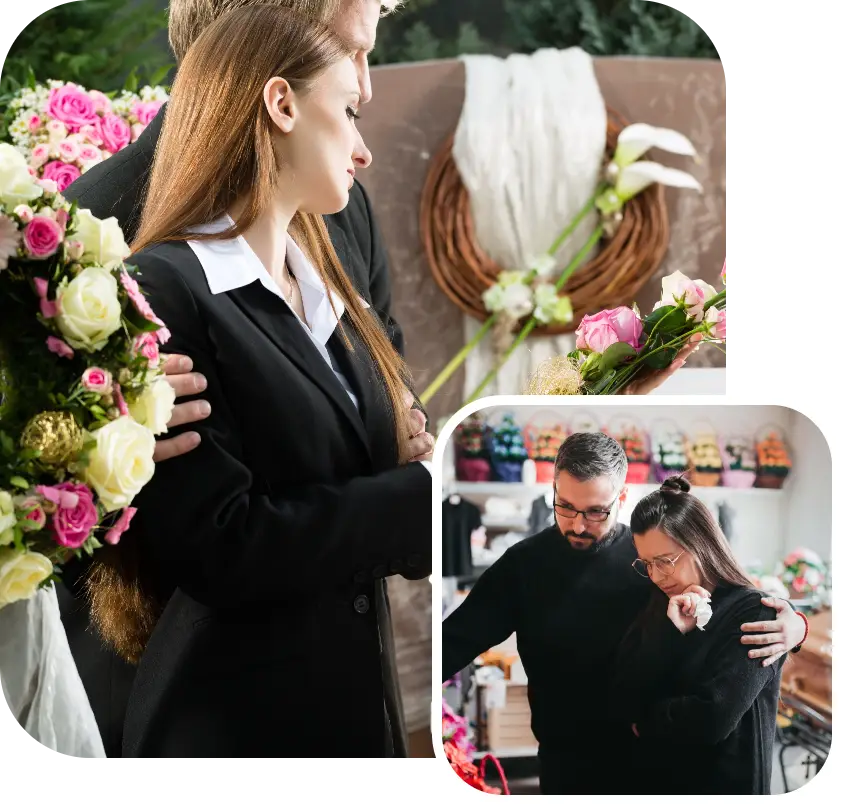 Floral shop scene with a florist arranging flowers beside a wreath and a couple embracing in the inset