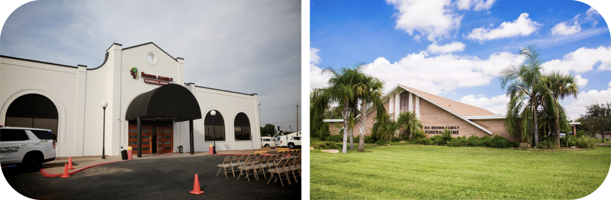Two exterior views of a white building with arched entrance and a lawn under a blue sky