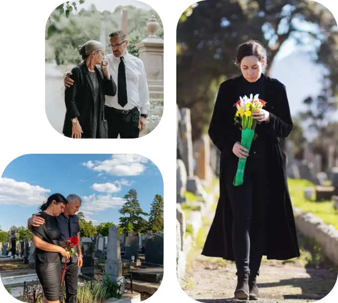 Mourners in black at a cemetery, holding flowers and embracing beside graves.