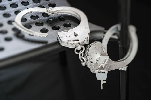 Silver handcuffs on a black perforated surface, with one cuff open and keys attached