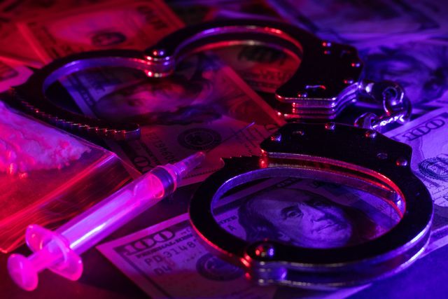 Purple-lit handcuffs and a syringe on top of a banknote, suggesting crime or drug use