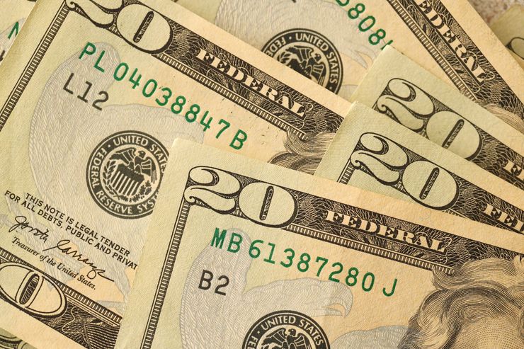 Close-up of U.S. dollar bills fanned out, showing $20 and $10 notes.