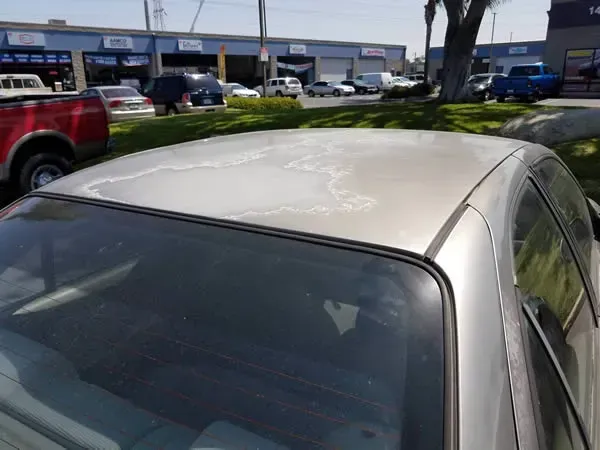 Car with sunroof parked in a lot, showing heavy white foam or frost on the roof
