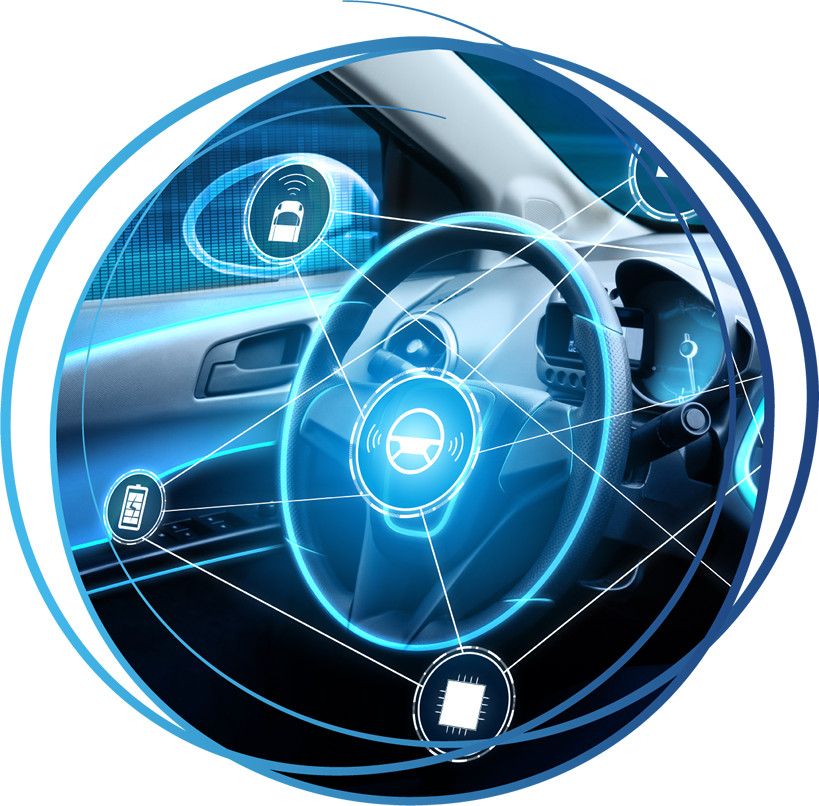Blue digital car interior with connected steering wheel icons for security and controls