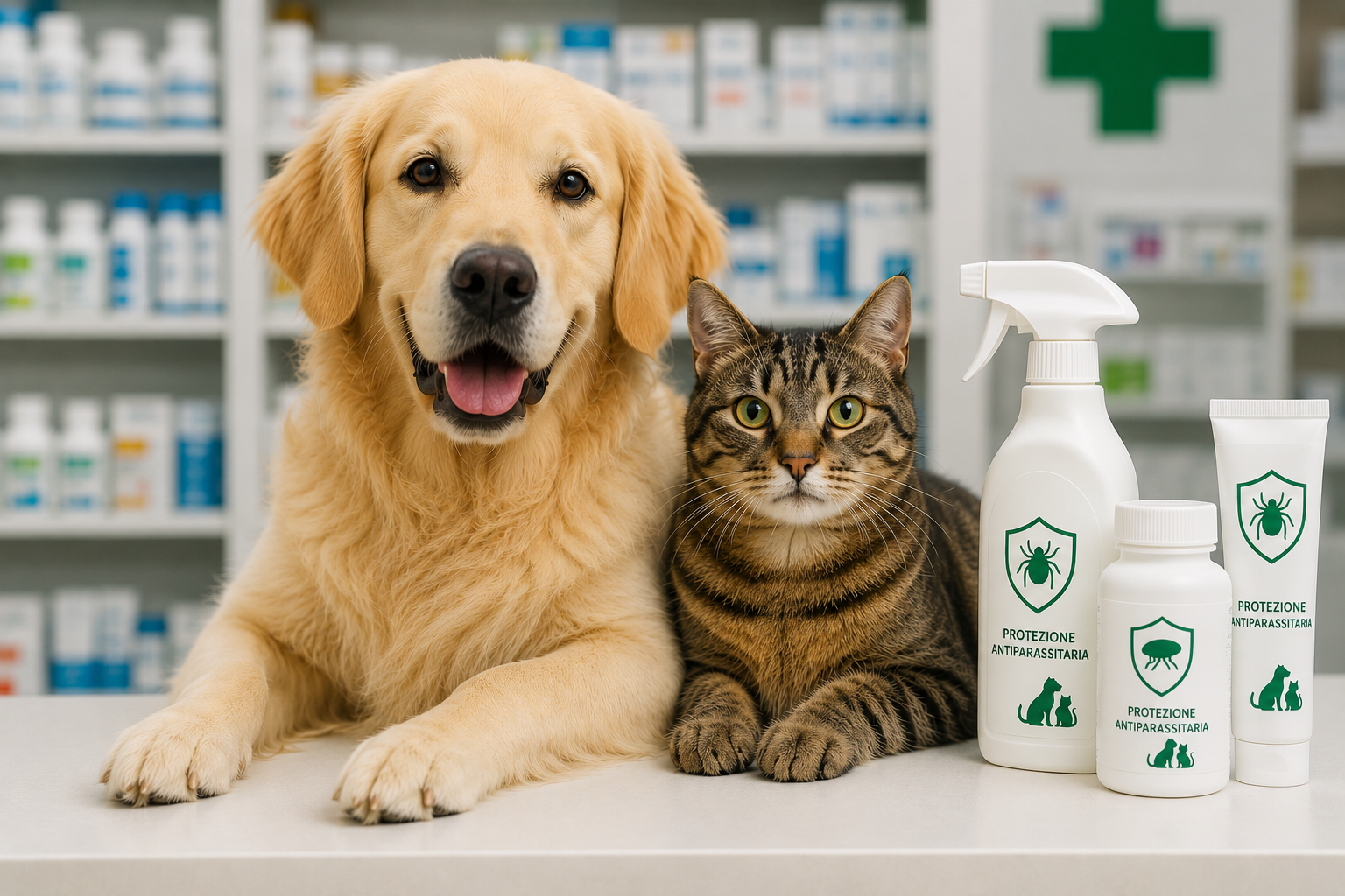 Un golden retriever e un gatto tigrato su un bancone accanto a prodotti per la cura degli animali in una clinica veterinaria.