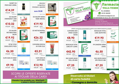 Volantino di una farmacia con un assortimento di prodotti per la salute e la bellezza, prezzi e banner promozionali nei colori viola e verde.