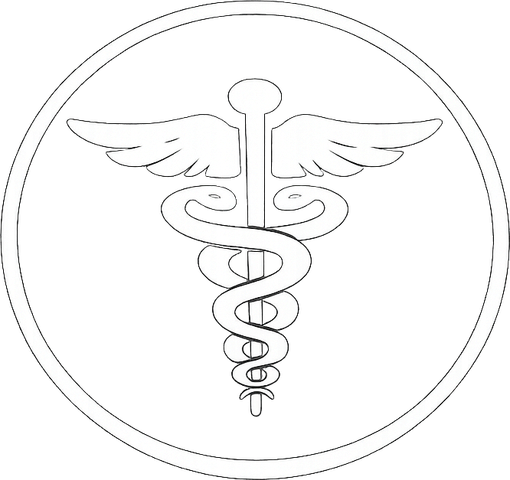 Caduceo, simbolo medico in bianco e nero, racchiuso in un doppio cerchio.