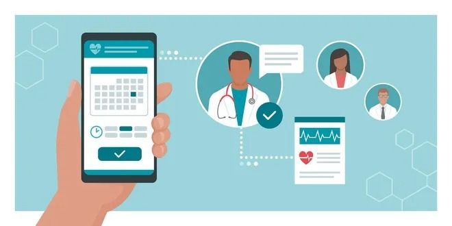 Interfaccia di un'app di telemedicina con videochiamata al medico, calendario dello smartphone e dashboard sanitaria su sfondo verde acqua.