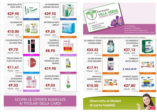Volantino di una farmacia con un assortimento di prodotti per la salute e la bellezza, prezzi e banner promozionali nei colori viola e verde.