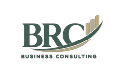 BRC business consulting logo in green and gold with stylized rising bars and arc