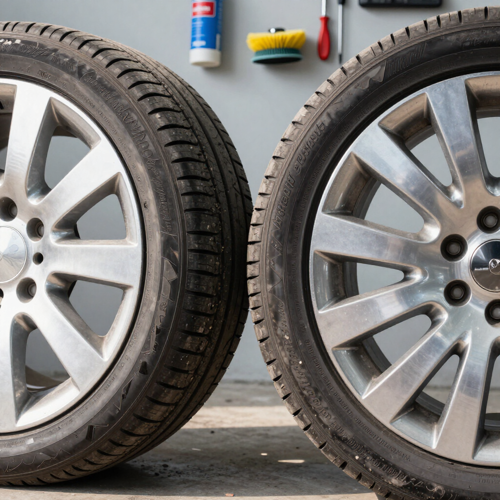 Two car tires with silver rims on a garage floor, with cleaning tools on the wall behind them
