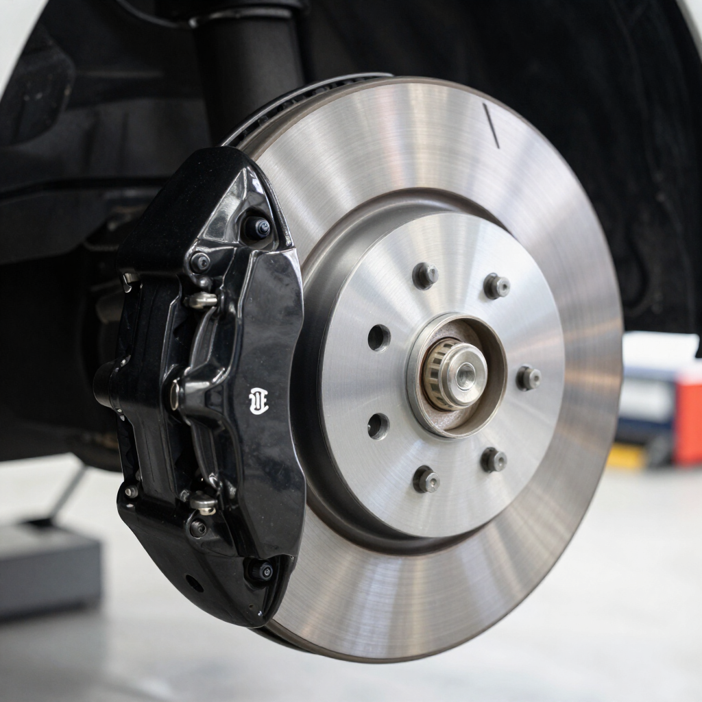 Close-up of a car brake rotor and black caliper on the wheel hub.
