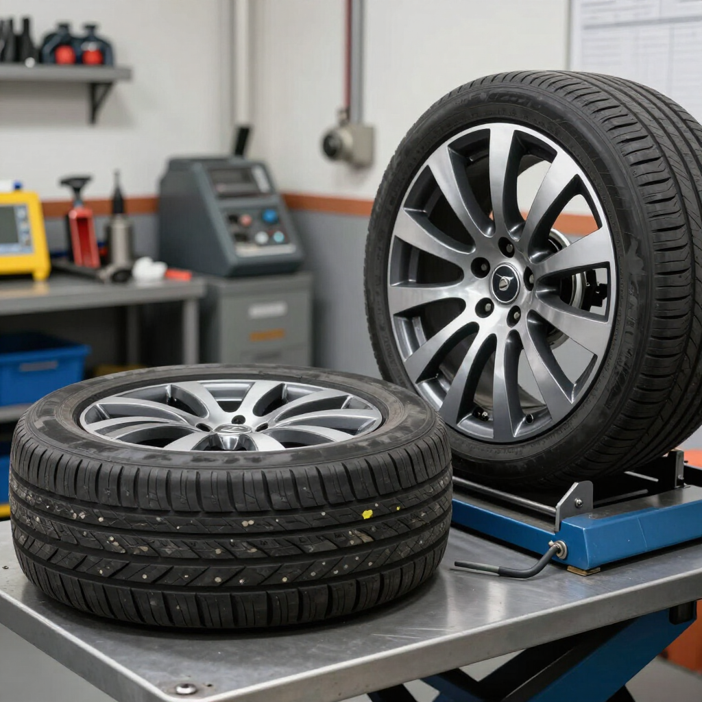 Two car tires on a metal workbench in an auto repair shop
