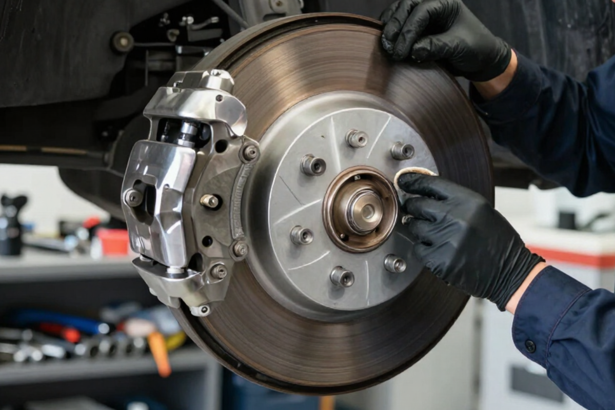 Mechanic inspecting a car’s brake rotor in an auto repair shop