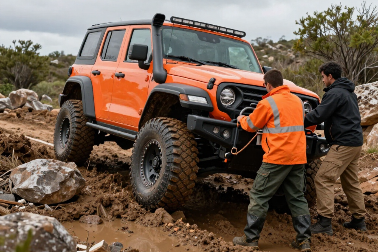 Orange off-road truck being pushed through muddy terrain by two people