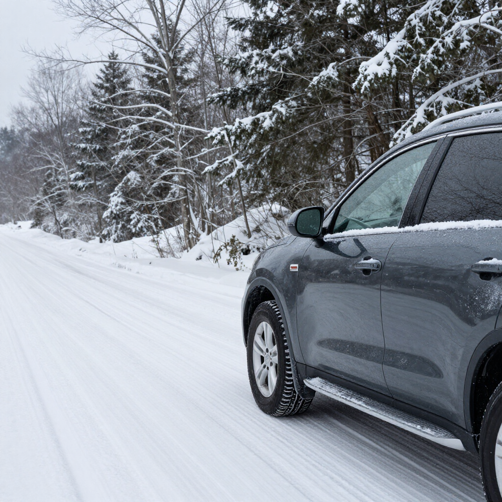 Gray SUV driving on a snowy road beside snow-covered trees