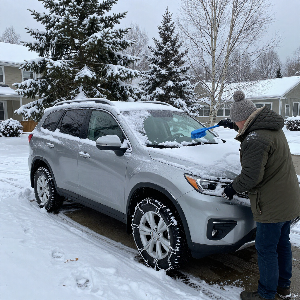 Person scraping snow off a silver SUV parked in a snowy driveway.