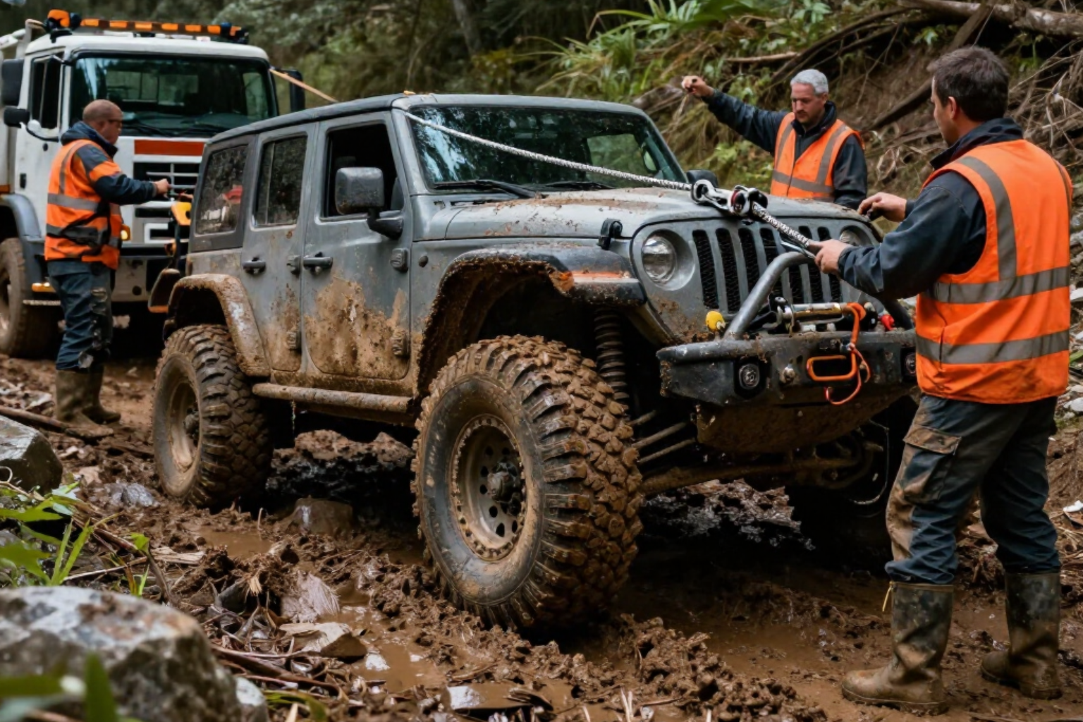 Muddy Jeep being winched through a rocky trail by workers in orange vests