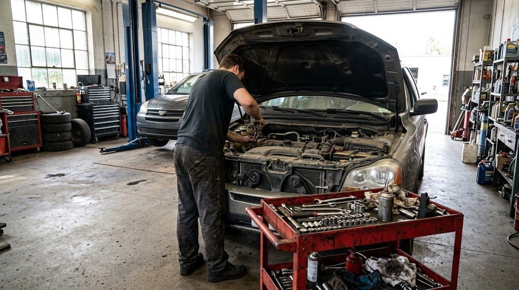 Mechanic working on a car with its hood open in an auto repair garage